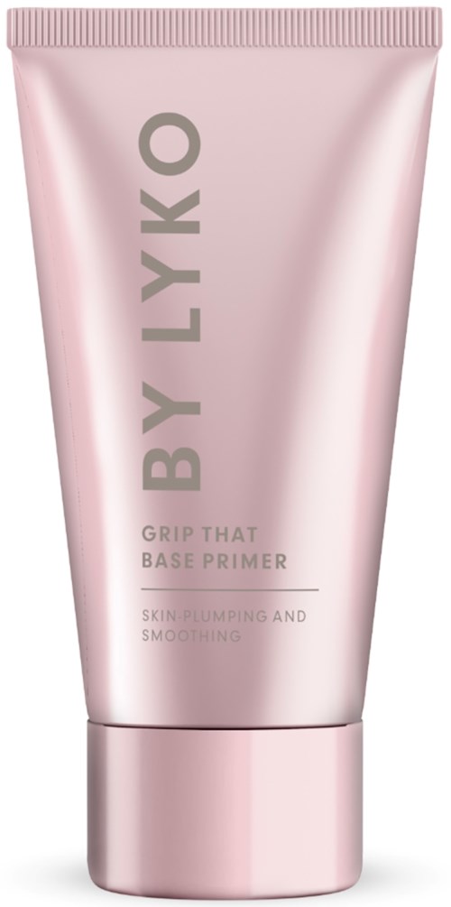 A pink tube with the text 'BY LYKO' and descriptions of skin-brightening and smoothing primer.