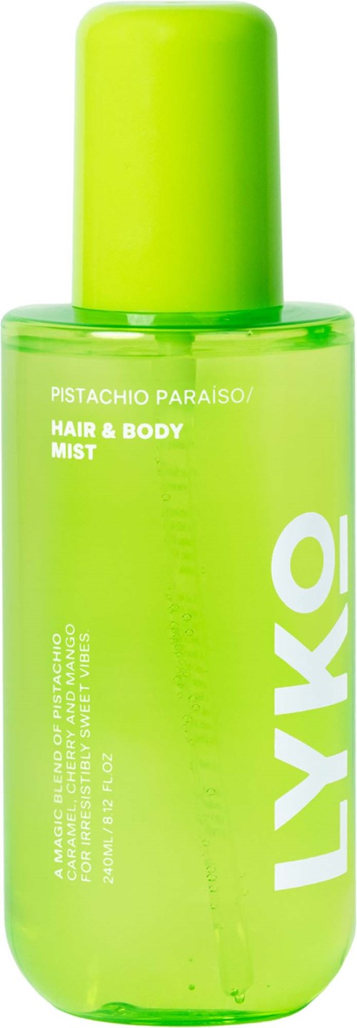 En ljusgrön flaska med Lyko Pistachio Paraiso hår- och kroppsspray med matchande grönt lock.