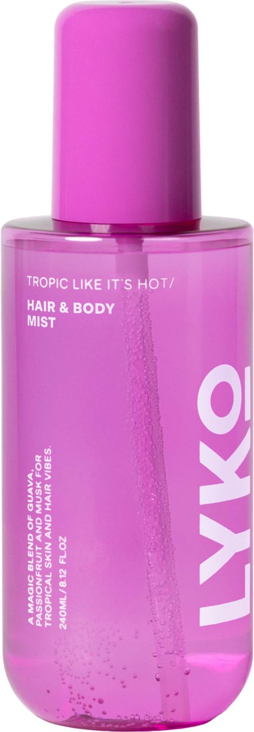 Rosa hår- och kroppssprayflaska med rosa lock, märkt Lyko, tropisk doft, fuktig spraymunstycke.