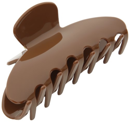 A large brown plastic hair clip with multiple teeth and a curved shape.
