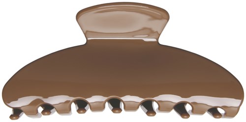 A brown hair clip with a curved shape and small teeth at the bottom for holding hair.
