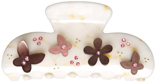 A hair clip decorated with pink and brown flowers and small pink rhinestones.