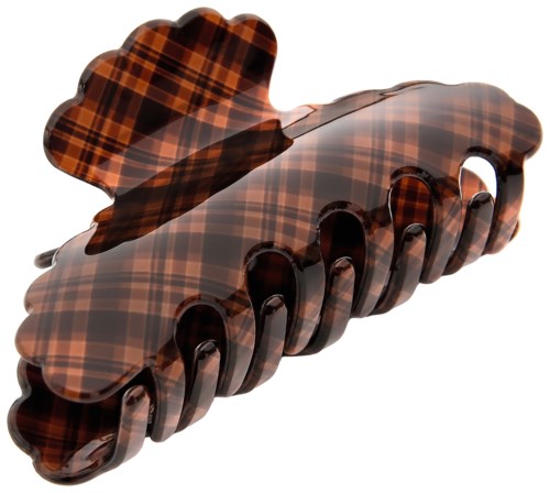 A brown checkered hair clip with a bow design.