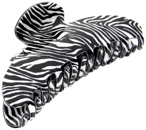 A zebra-patterned hair clip with a ruffled, large, and curved design.