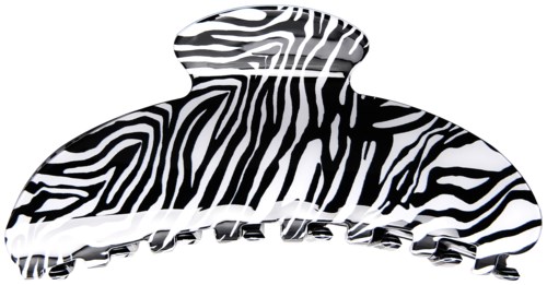 A zebra-patterned hair clip with black and white stripes curling around it.
