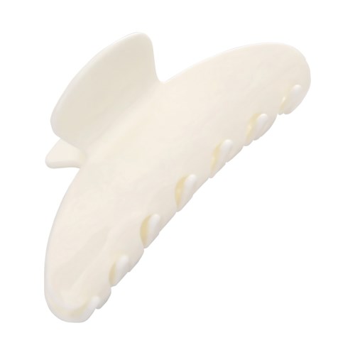 A white clip with a small, rounded top and multiple teeth or ridges on the lower side.