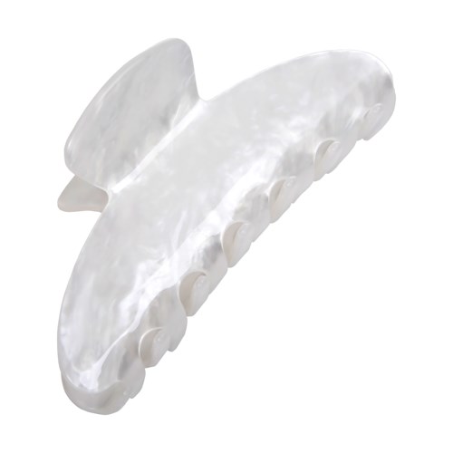 A white plastic hair clip with a curved shape and small teeth to hold hair.