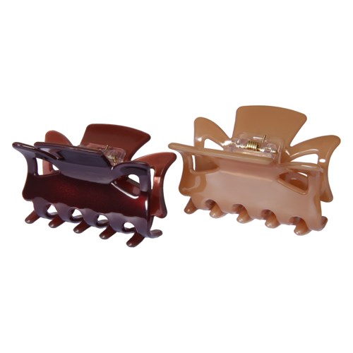Two hair clips in black and beige with curved shapes and claw-like grips.