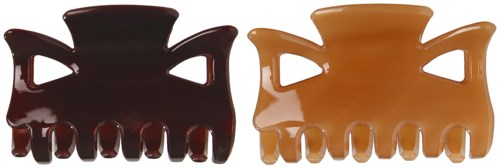 Two large hair claws, one black and one caramel-colored, with wide handles and notched teeth for holding hair.