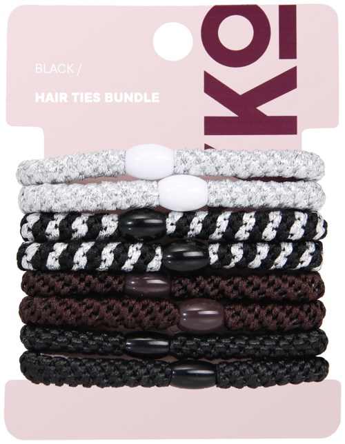 Kimppu mustia ja harmaita hiuspantaa, joissa on helmiä, pinkki pakkauksessa. Kyljessä lukee "BLACK / HAIR TIES BUNDLE."