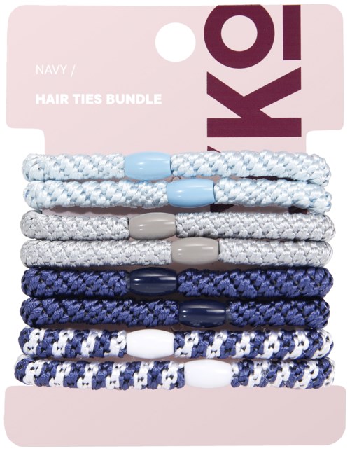 Seks bundter af hårbånd i navy, hvid, grå og blå med plastiklåse. De er på et pink kort.