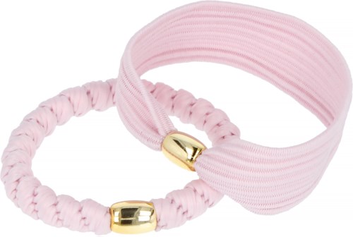 Två rosa håraccessoarer, en är ett brett band, den andra är en hårsnodd med gulddetalj.