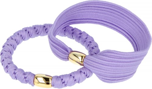 Två lila hårband, ett med guldspets, ser mjuka och elastiska ut. De är enkla håraccessoarer.