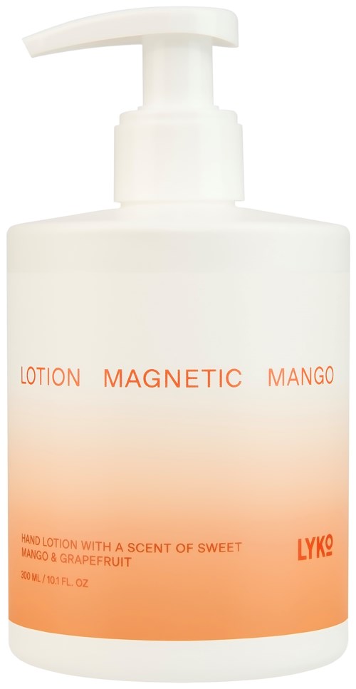 En hvit flaske med pumpe inneholder mango-duftende håndlotion med magnetiske egenskaper og en søt mango- og grapefruktlukt.