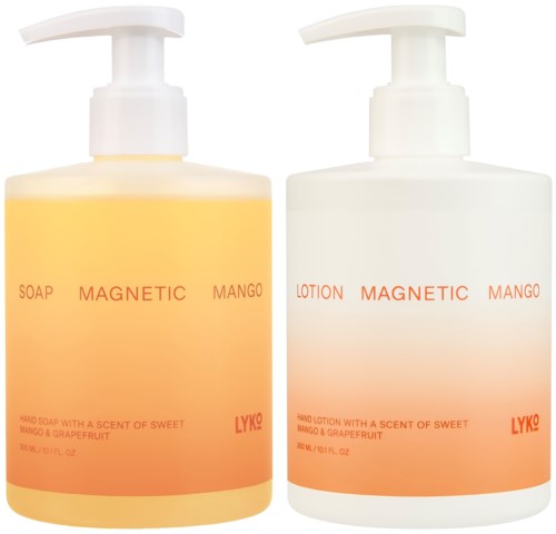 To flasker med mangosmakende personligpleieprodukter, en såpe og en lotion, vises side ved side.