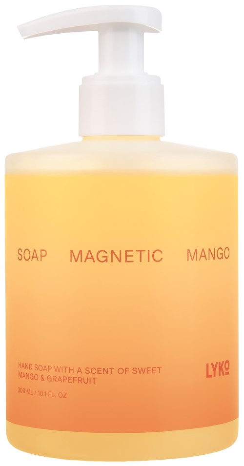 En beige pumpflaska med Mango doftande handtvål med orange text och enkel etikettdesign.