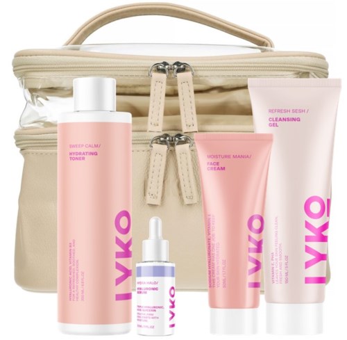 Skincare set with a beige bag, pink and white bottles, and tubes for face and hydration.