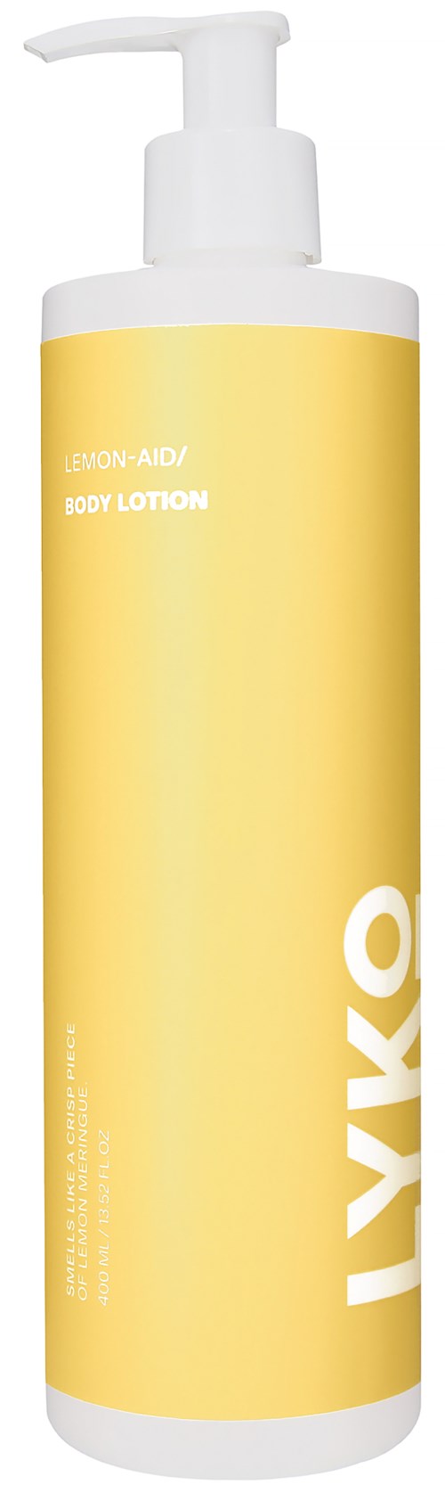 En gul och vit flaska med pump, märkt som citron- och syra-relaterad kroppslotion, märkt som IYKO.