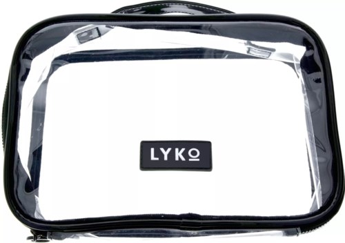 Liten pose med gjennomsiktig front og svarte sider, med "LYKO"-logo på forsiden.