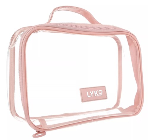 Vaaleanpunainen läpikuultava matkalaukku kädensijan ja vetoketjun kanssa, jossa lukee "LYKO" sisäpuolella.