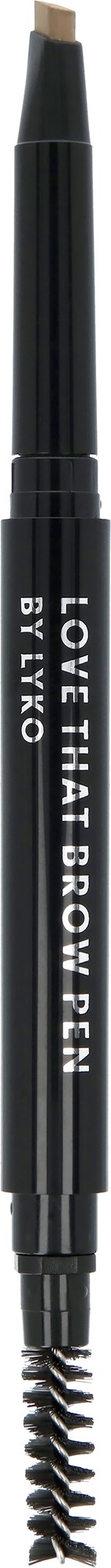 A black eyebrow pencil with a spoolie brush at the end, labeled "CREATE BROW PENCIL."