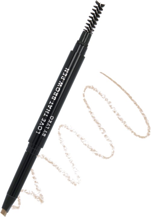 A black eyebrow pencil with a spiral tip and a beige erase part, writing a light curved line.