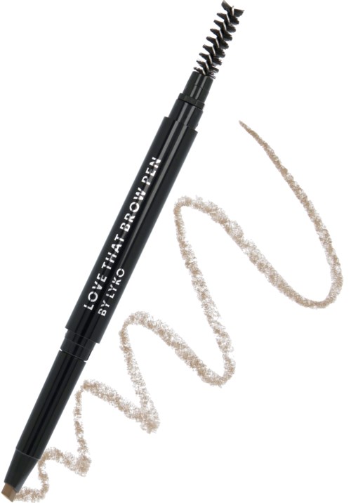 Een dubbele make-uppotlood met een waskrijt en een wenkbrauwborstel, gebruikt voor oogmake-up. Tekst op de potlood zegt 'LOVE THAT GROOM'.