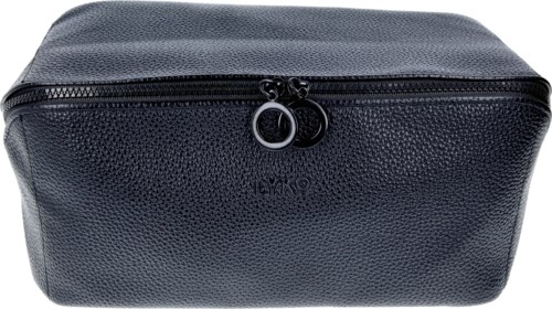 A black textured zippered case with two rings on the zipper. It appears to be a storage or travel pouch.