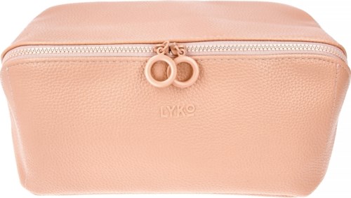 En myk rosa sminkepose med glidelås og runde håndtak, merket "LYKO".