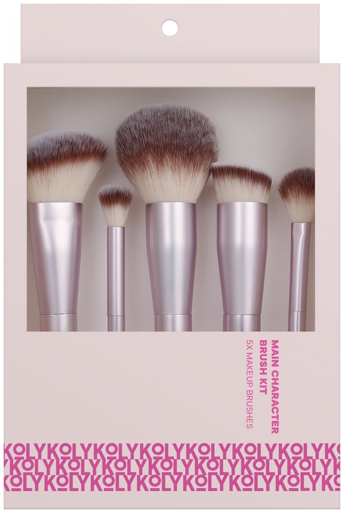 Set van vijf make-up kwasten met zilveren handvat in een roze en witte doos.