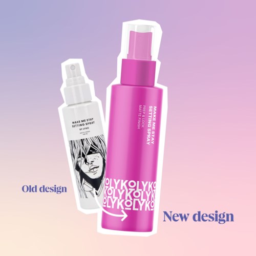 Eine Sprühflasche mit neuer pinkfarbener Verpackung und einer alten schwarz-weißen Version mit unterschiedlichem Design.