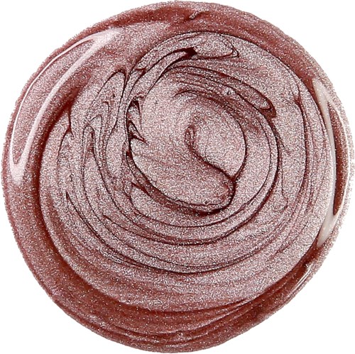 En rund virvel av glittrande, rosa-brunt smink med glitter och mörkare linjer, som ett puder eller rouge.