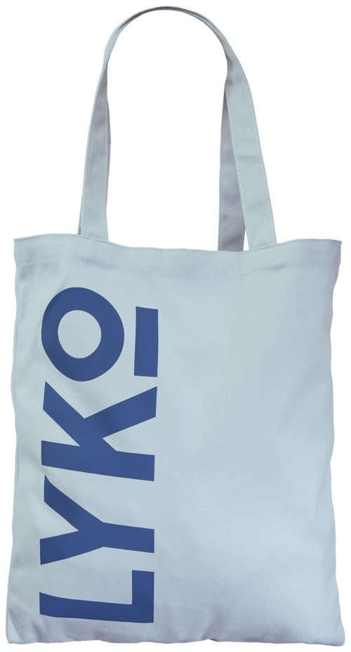 En lys blå stofpose med store mørkeblå bogstaver, der skriver LYKO.