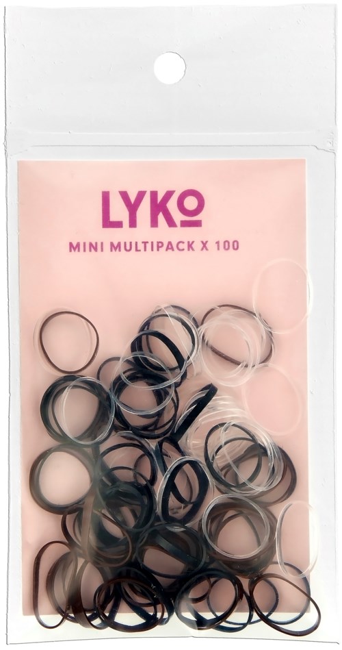 En pakke med små svarte og klare strikk fra LYKO, inneholder 100 stykker, på rosa papir i en plastpose.