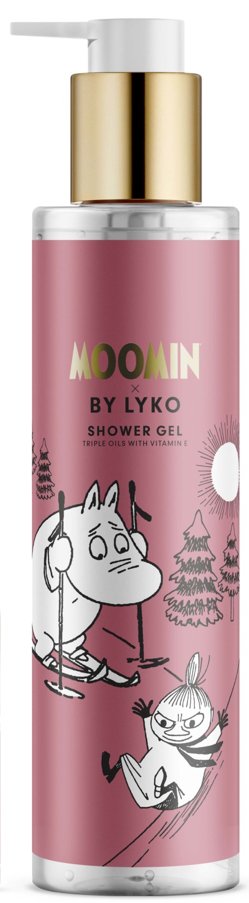 En rosa duschtvålflaska med vit och guld pump, med karaktärer från Mumin.