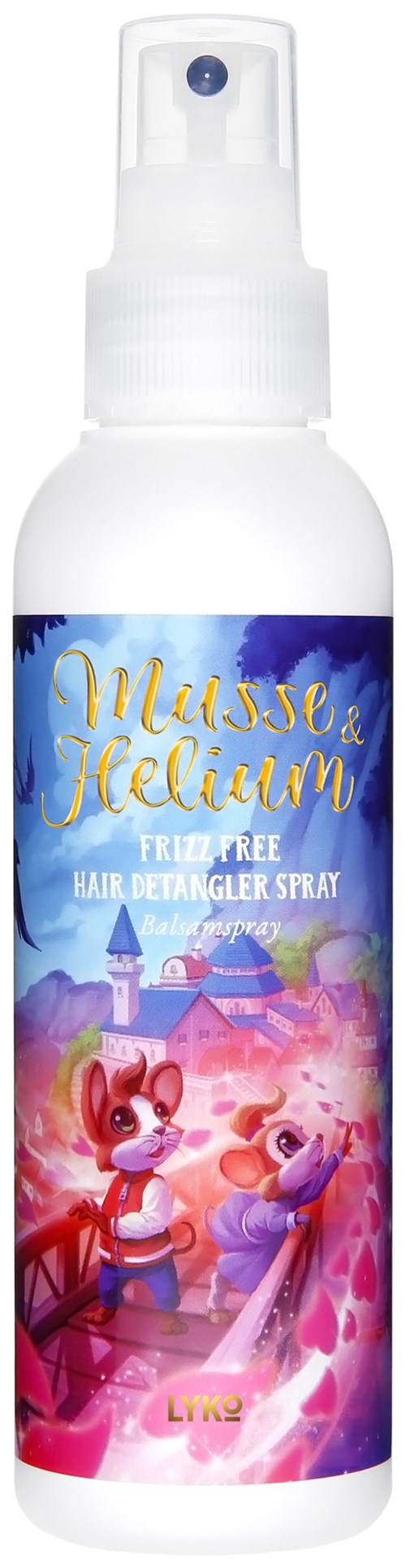 Een witte sprayfles met een kleurrijk label met geanimeerde personages en een kasteel.