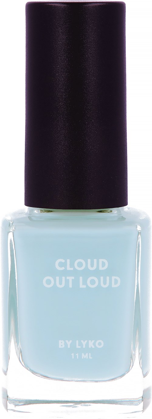 Jasnoniebieska butelka lakieru do paznokci z czarnym kapslem, oznaczona 'CLOUD OUT LOUD BY LYKO' i 11 ml.