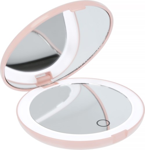 En lys rosa compact med et spejl og en lille cirkulær sektion, måske til opbevaring af kosmetik eller pudder.