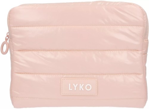 En myk rosa polstret veske med glidelås og LYKO-merke.