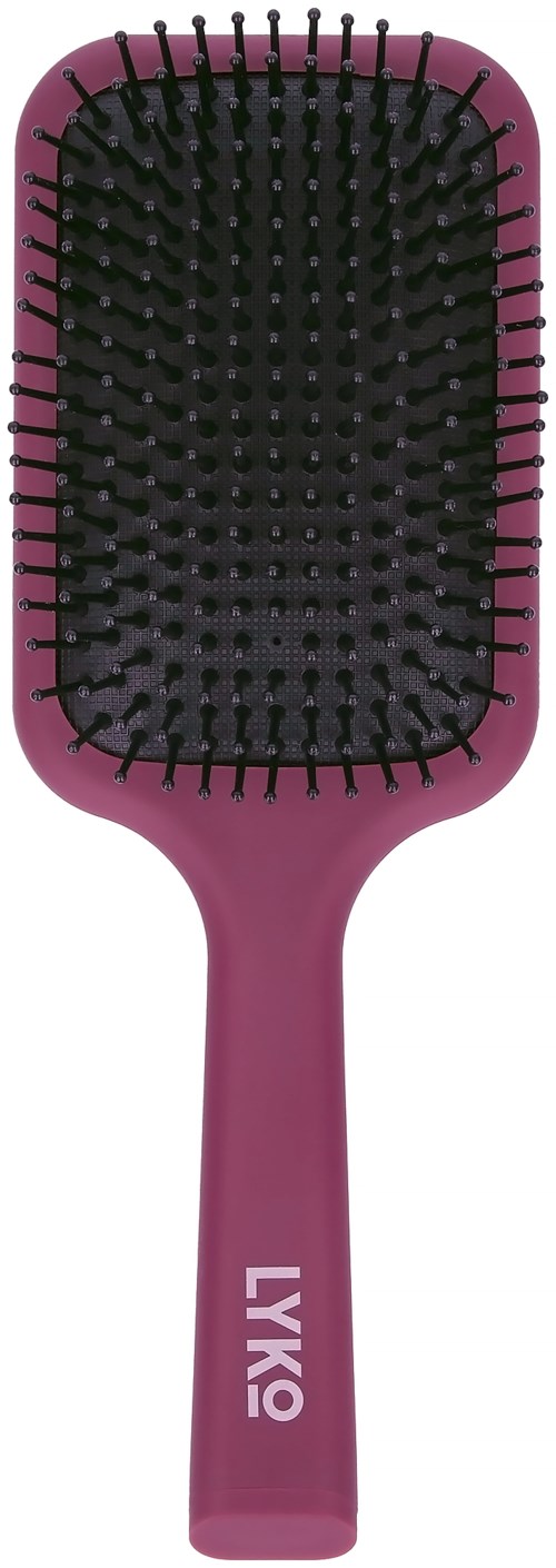 Eine pinke Haarbürste mit schwarzen Borsten und Griff, beschriftet mit "LIVIK".