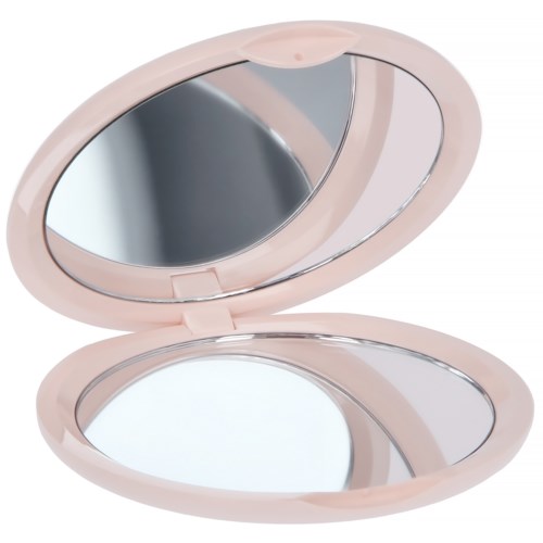 En rosa handhållen spegel med en liten rund spegel inuti och en större spegel på locket.