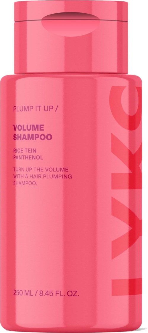 A pink bottle of hair shampoo labeled 'Plump It Up Volume Shampoo' with details about ingredients.