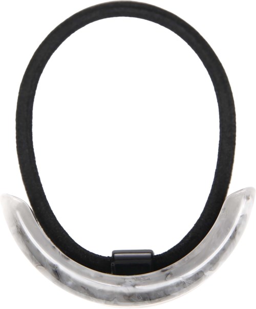 Een hoofdband met een doorzichtige plastic deel en een zwart elastisch band.
