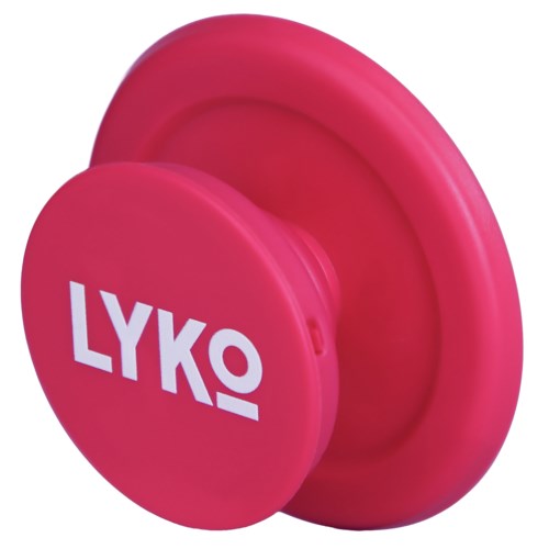 En rosa sirkulær gjenstand med ordene LYKO skrevet i hvitt på den ene siden.