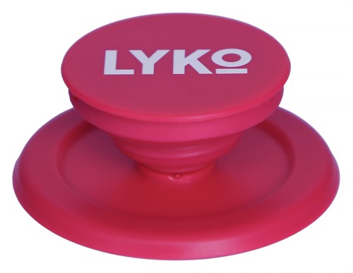 Rosa Yo-Yo med merket LYKO skrevet på den i hvitt.