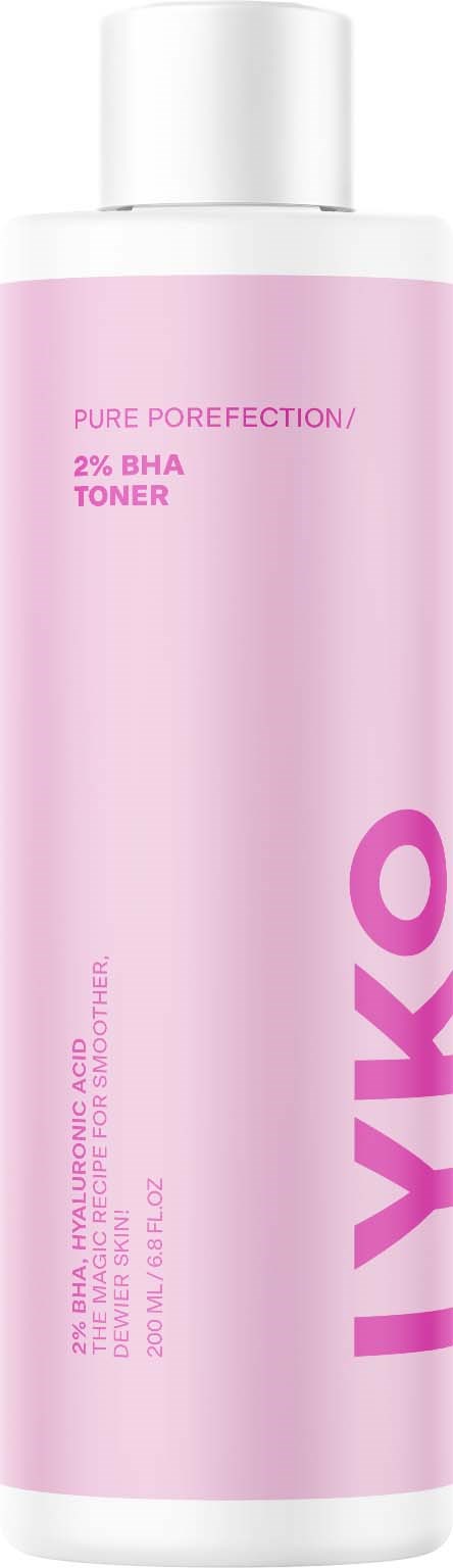 A tall, pink bottle with white cap, labeled as a toner for skin care with 2% BHA.