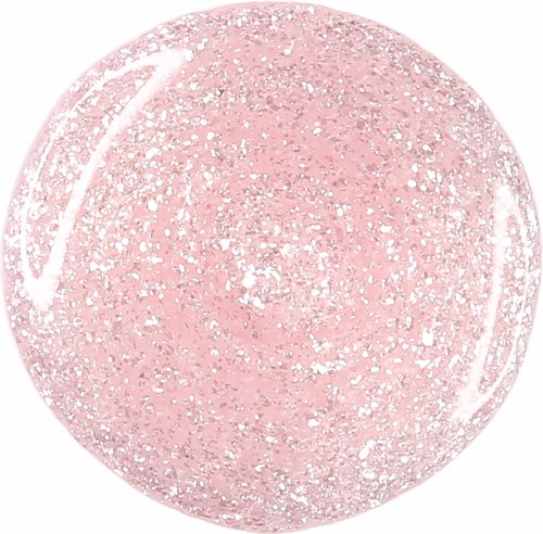 Roze gel-achtige bol met witte vlekken, glanzende oppervlak en een glad uiterlijk.