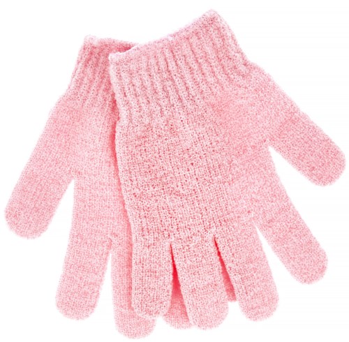 Rosa gestrickte Handschuhe mit Rippenbündchen und drei kleinen Schlitzen in der Nähe des Handgelenks.
