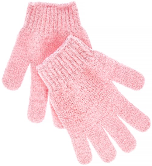 Hellrosa gestrickte Handschuhe mit gerippten Bündchen, ein Handschuh liegt über dem anderen.