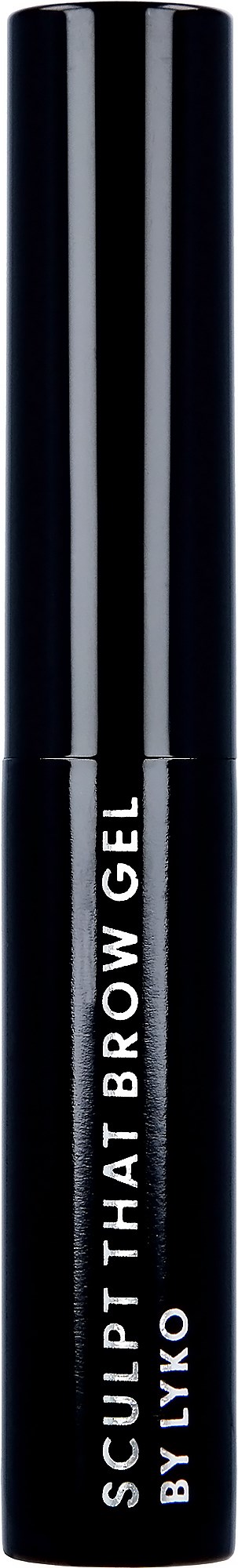Musta putki, jossa lukee 'SCULPT THAT BROW GEL BY LYKÓ', mustalla taustalla.